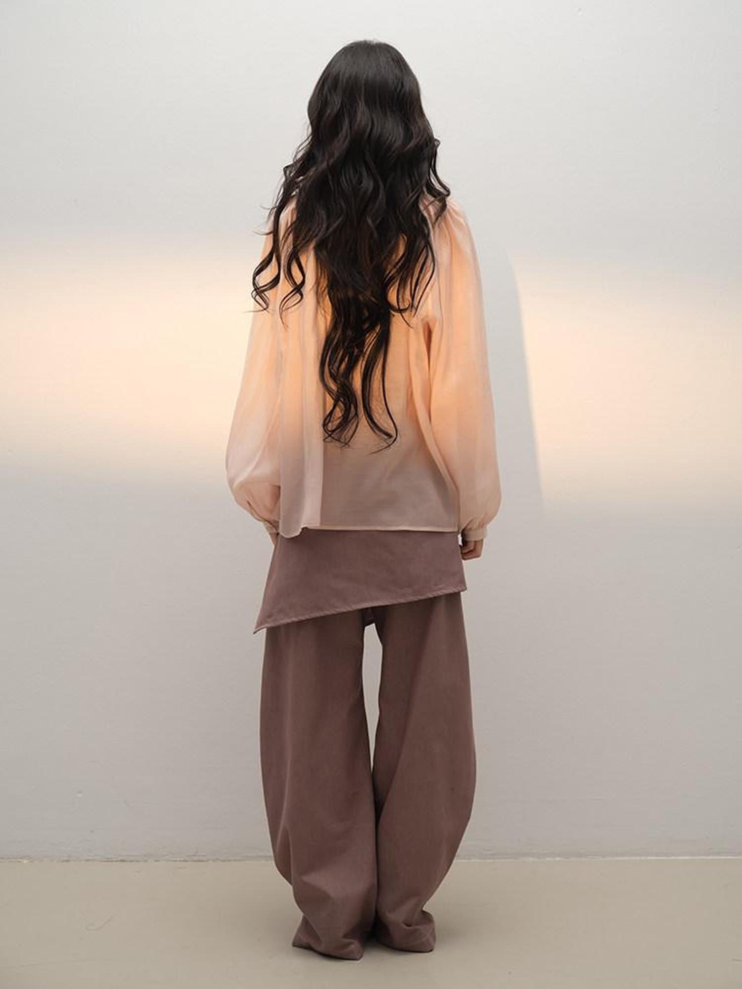 lvetong Lightweight Ruffle V-neck Street Sport Loose Fit Pink Solid Long Sleeve T-Shirts