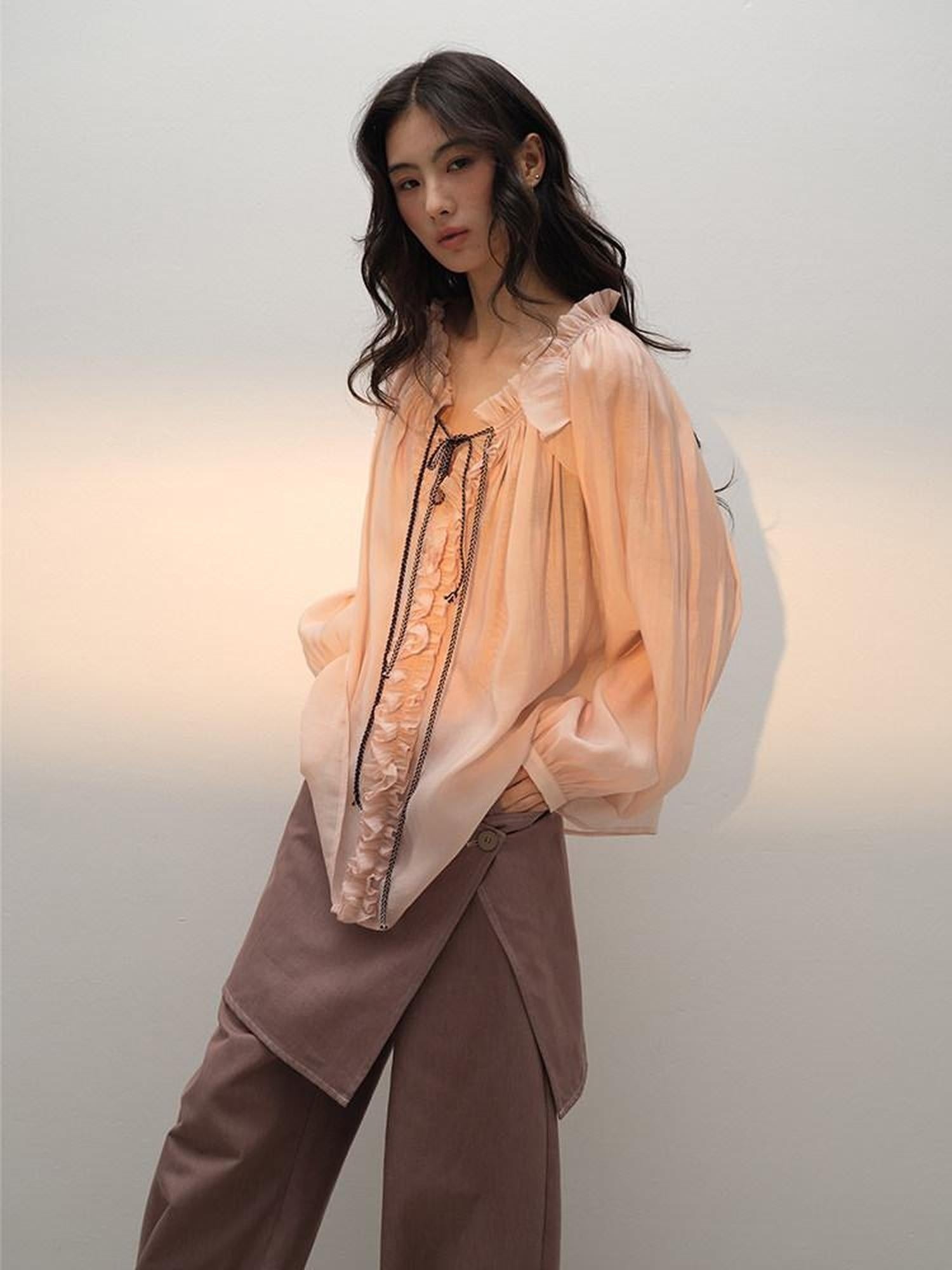 lvetong Lightweight Ruffle V-neck Street Sport Loose Fit Pink Solid Long Sleeve T-Shirts