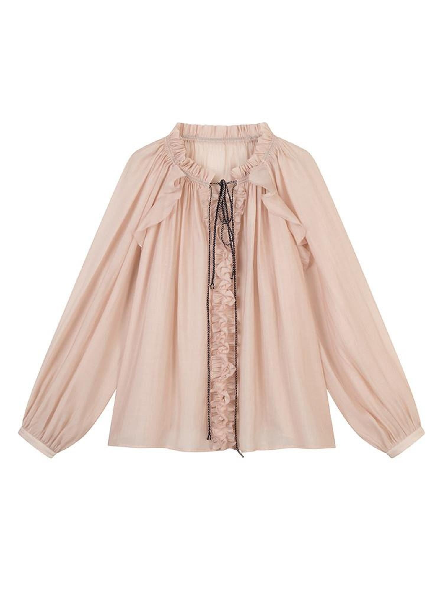 lvetong Lightweight Ruffle V-neck Street Sport Loose Fit Pink Solid Long Sleeve T-Shirts