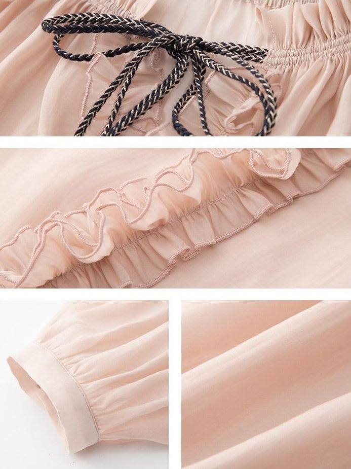 lvetong Lightweight Ruffle V-neck Street Sport Loose Fit Pink Solid Long Sleeve T-Shirts