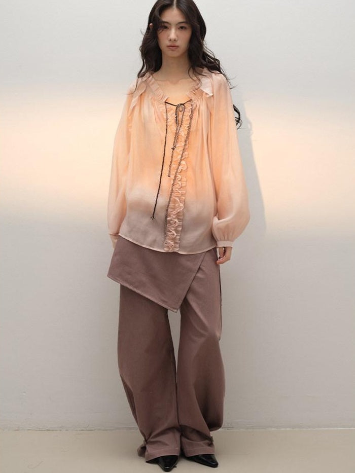 lvetong Lightweight Ruffle V-neck Street Sport Loose Fit Pink Solid Long Sleeve T-Shirts