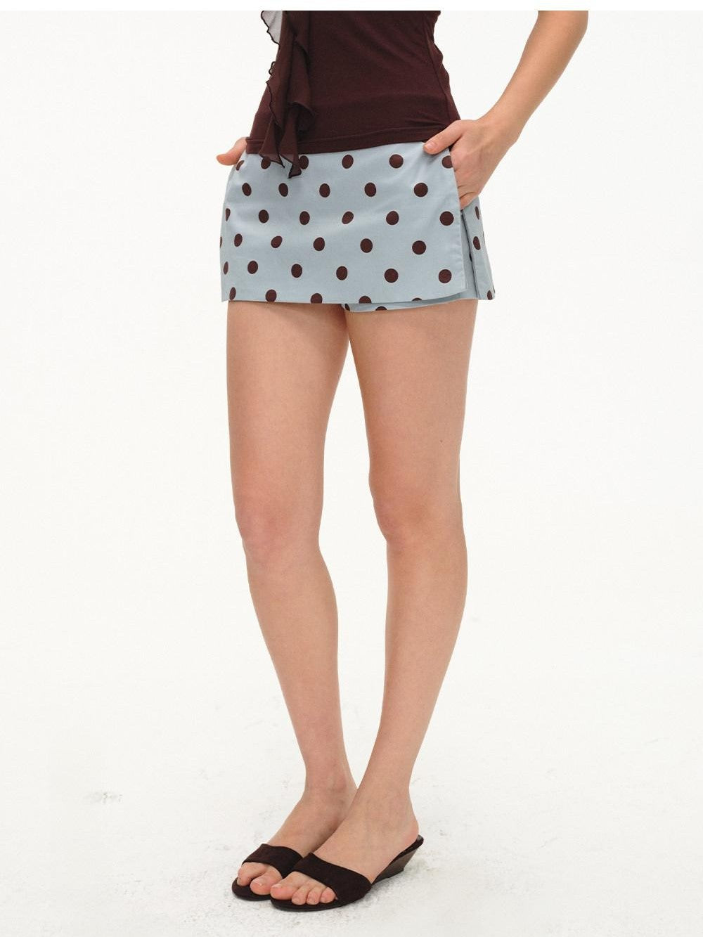lvetong Mint Green Polka Dot Colorblock Patchwork A Line Low Waist Women&