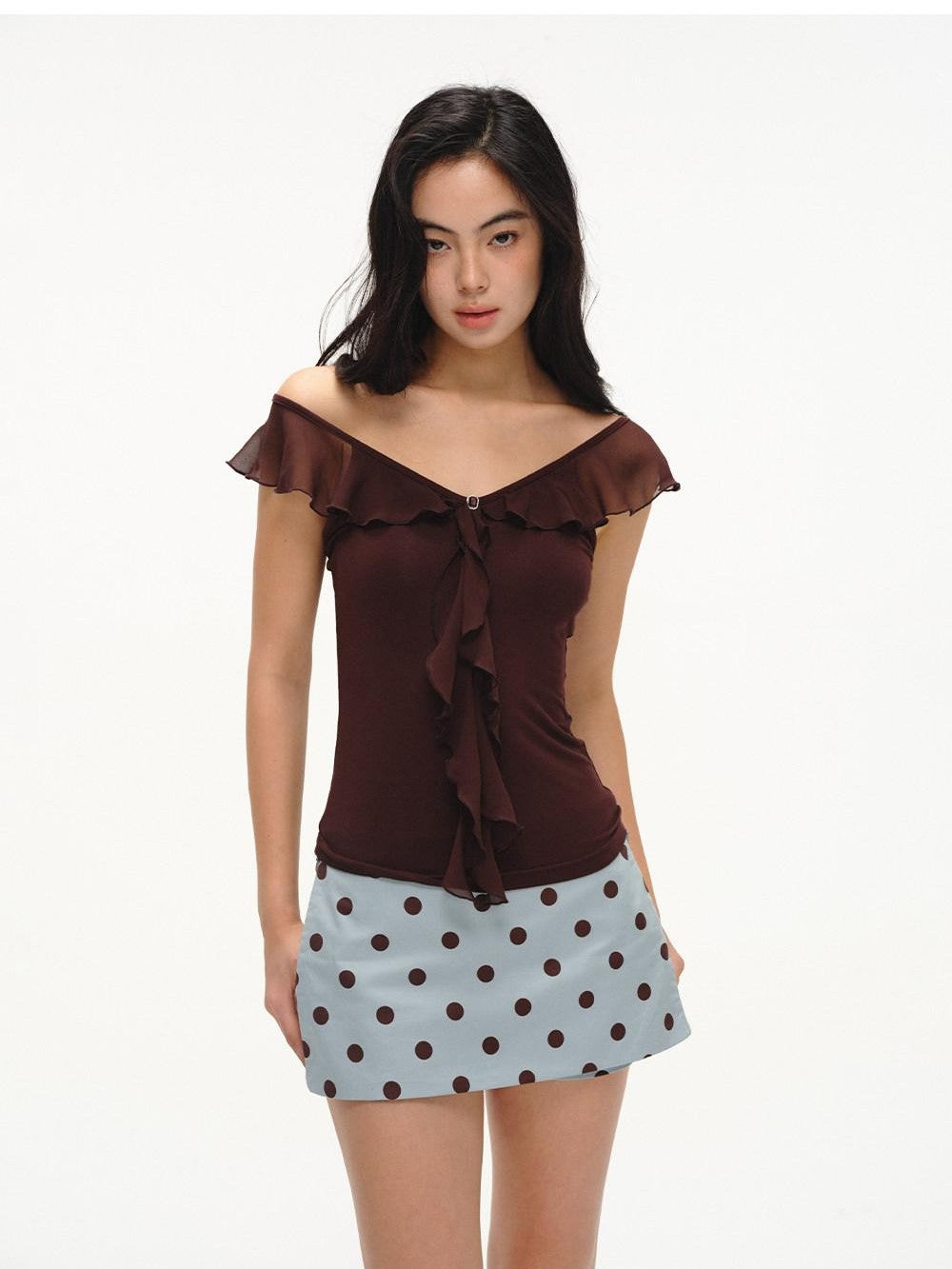 lvetong Mint Green Polka Dot Colorblock Patchwork A Line Low Waist Women&