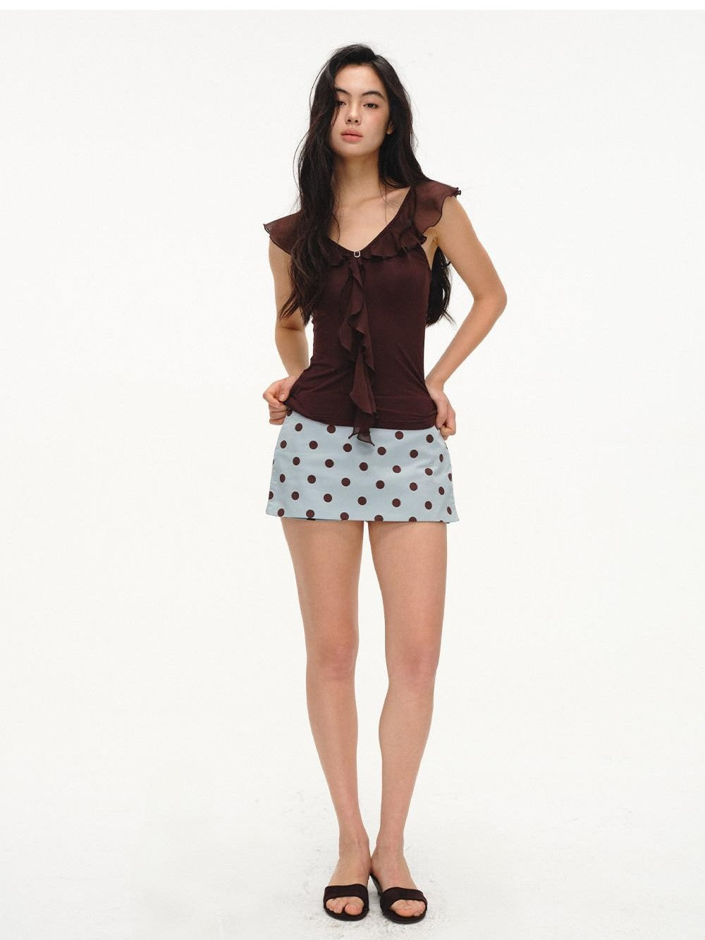 lvetong Mint Green Polka Dot Colorblock Patchwork A Line Low Waist Women&