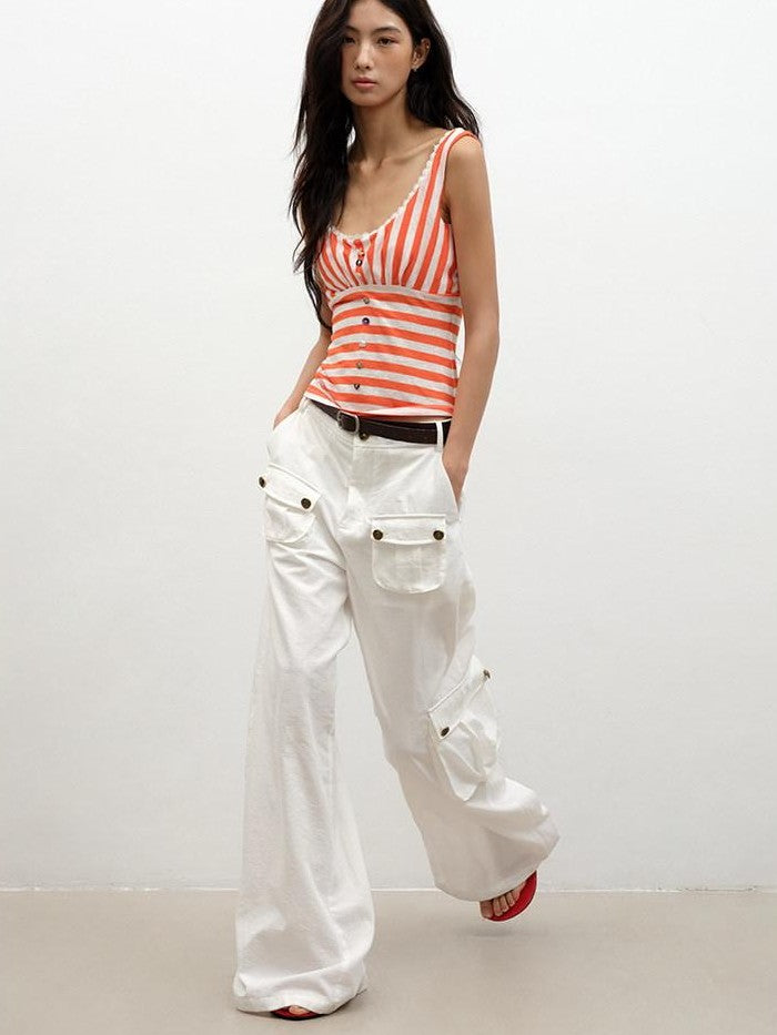 lvetong Orange Shell Button Lace Striped Patchwork Roundneck Women&