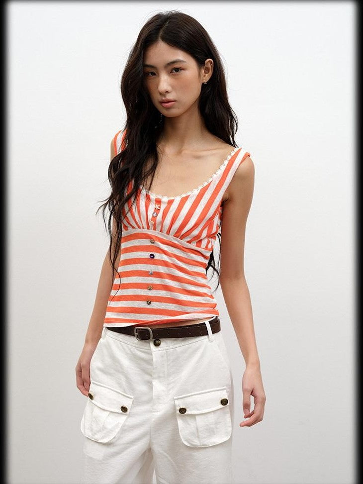 lvetong Orange Shell Button Lace Striped Patchwork Roundneck Women&