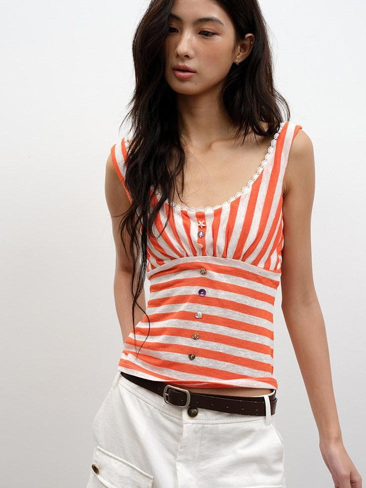 lvetong Orange Shell Button Lace Striped Patchwork Roundneck Women&