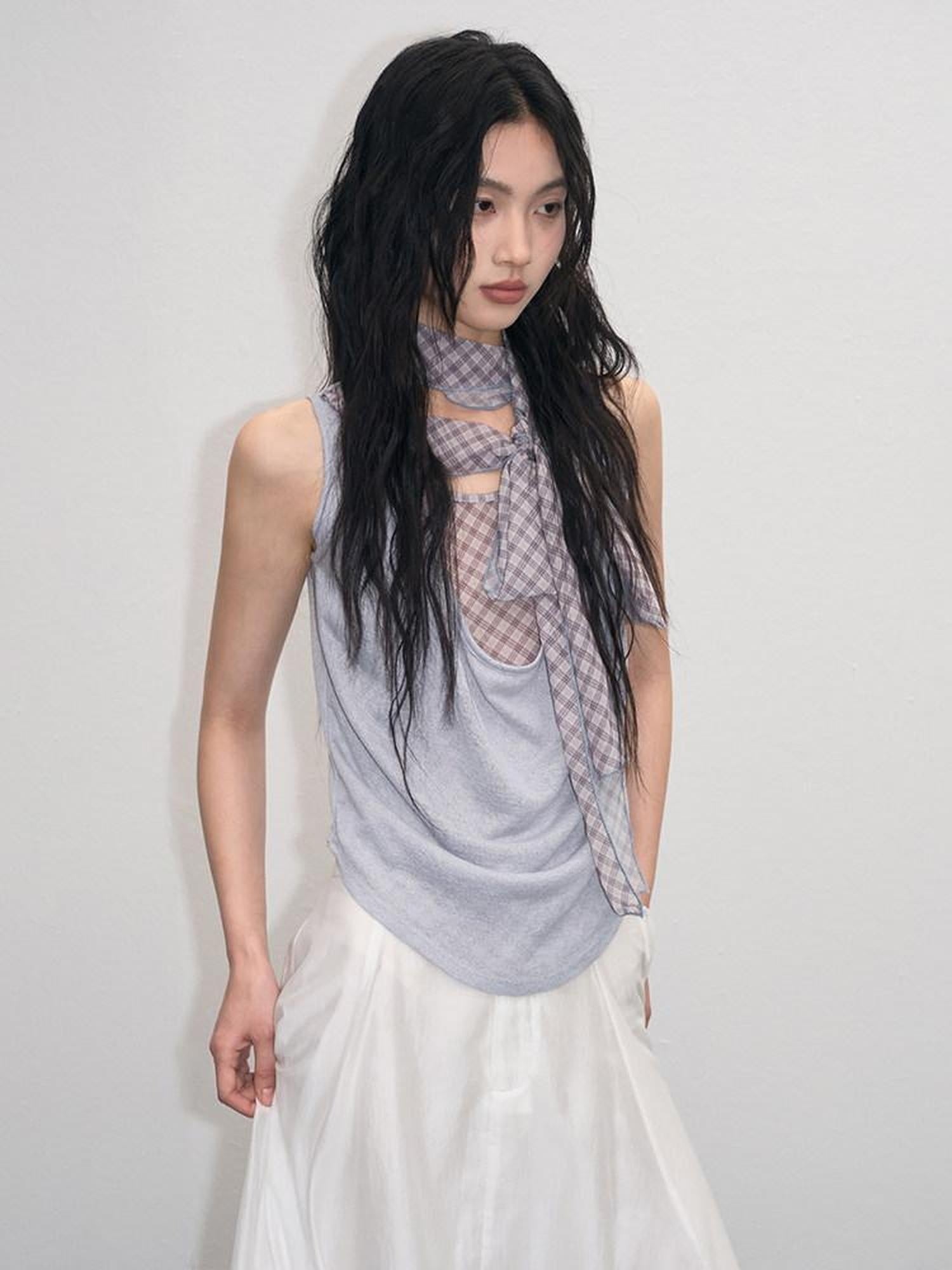 lvetong Patchwork Loose Fit Street Athleisure Youth Blue Sleeveless Tank Tops