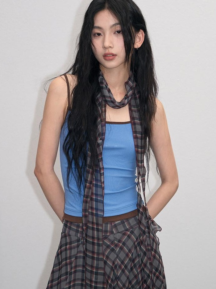lvetong Patchwork Slim Fit Street Style Cropped Strappy Cotton Blend Tank Camisoles