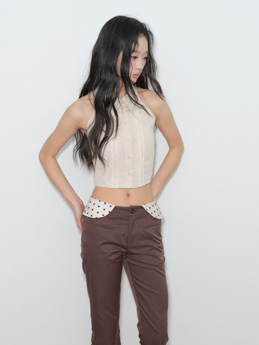 lvetong Pleated Knit Sleeveless Low Waist Street Sporty Young Women Ivory Pink Blouses