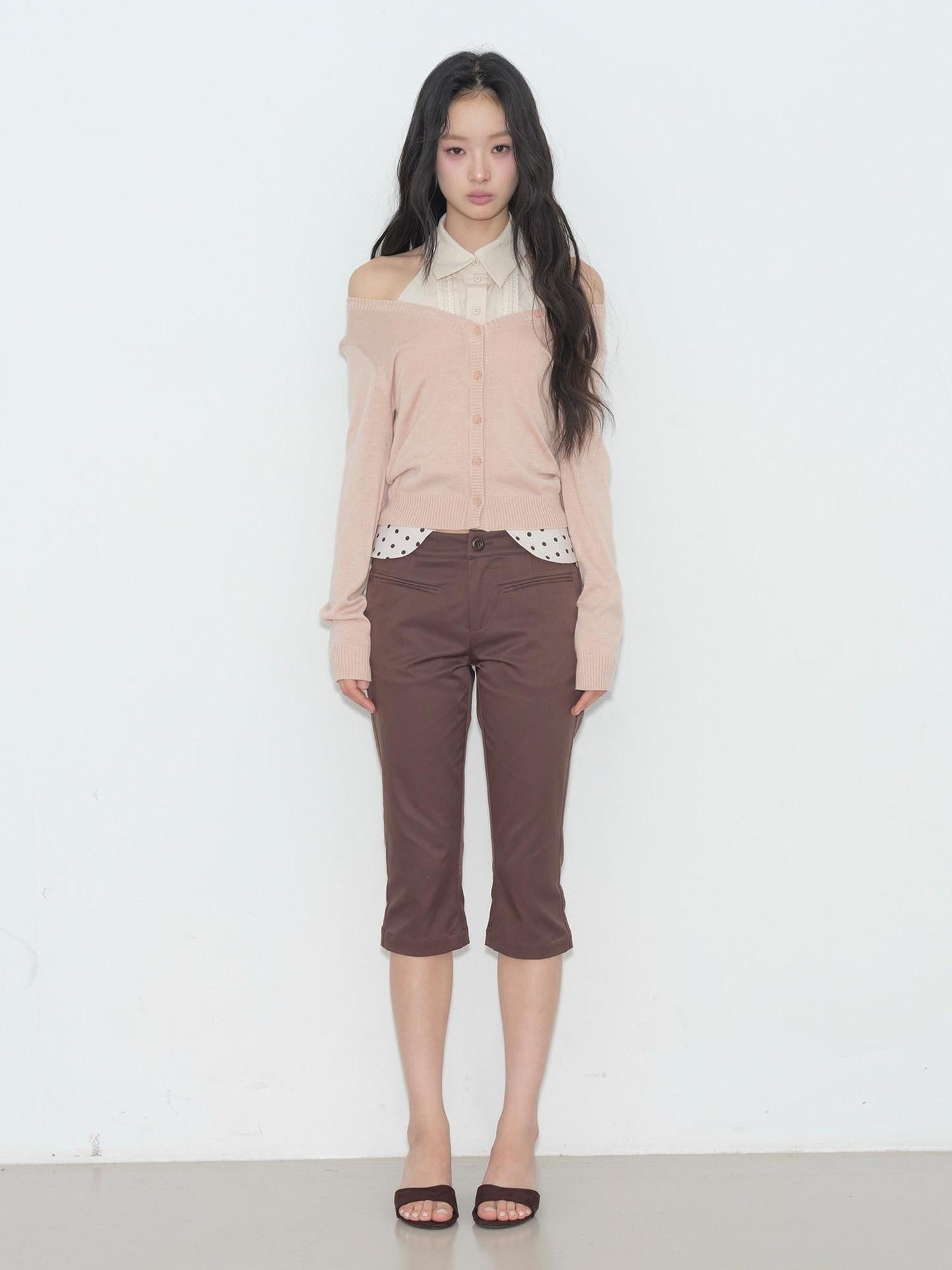lvetong Polka Dot Patchwork Low Rise Straight Casual Womens Brown Polyester Pants Chinos