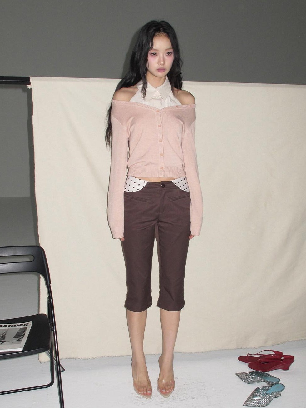 lvetong Polka Dot Patchwork Low Rise Straight Casual Womens Brown Polyester Pants Chinos