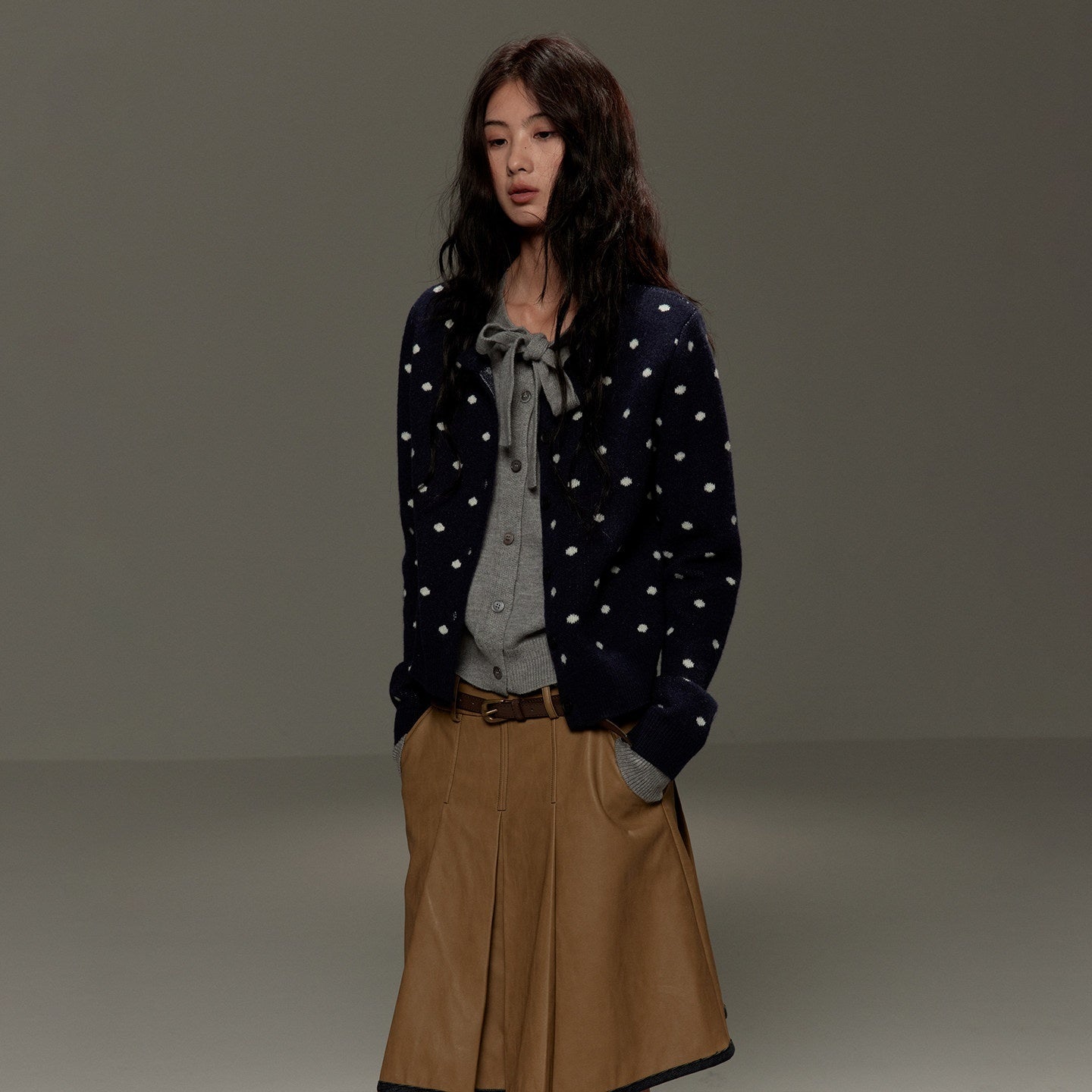 lvetong Polka Dot Tie Bow Faux Layered Loose Knit Casual Womens Navy Cardigans