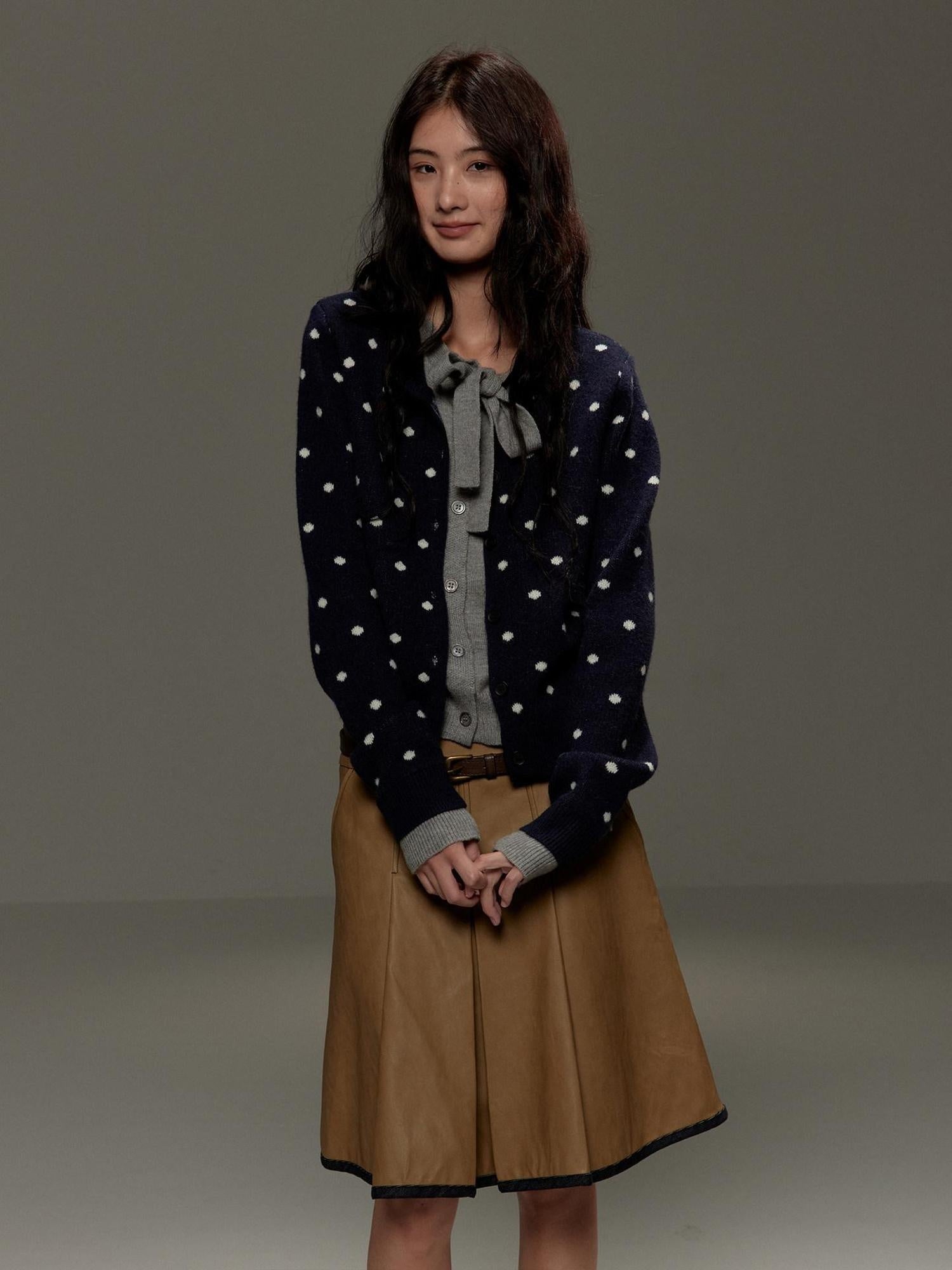 lvetong Polka Dot Tie Bow Faux Layered Loose Knit Casual Womens Navy Cardigans