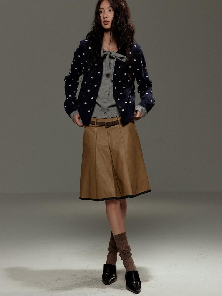 lvetong Polka Dot Tie Bow Faux Layered Loose Knit Casual Womens Navy Cardigans
