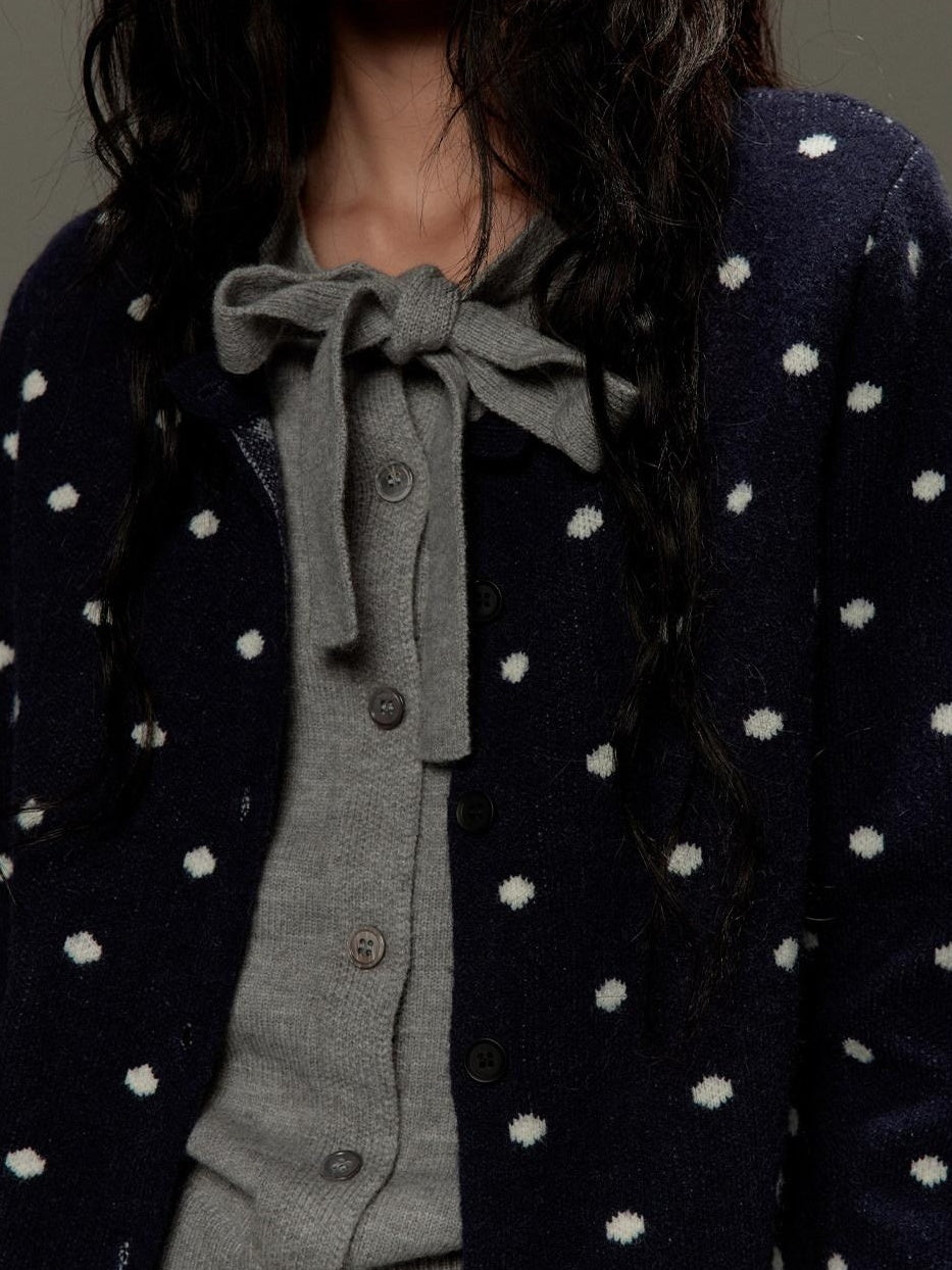lvetong Polka Dot Tie Bow Faux Layered Loose Knit Casual Womens Navy Cardigans