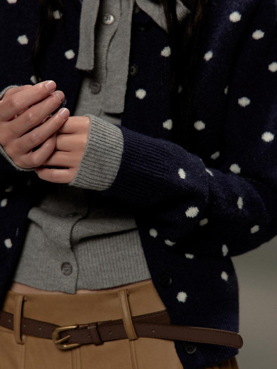 lvetong Polka Dot Tie Bow Faux Layered Loose Knit Casual Womens Navy Cardigans