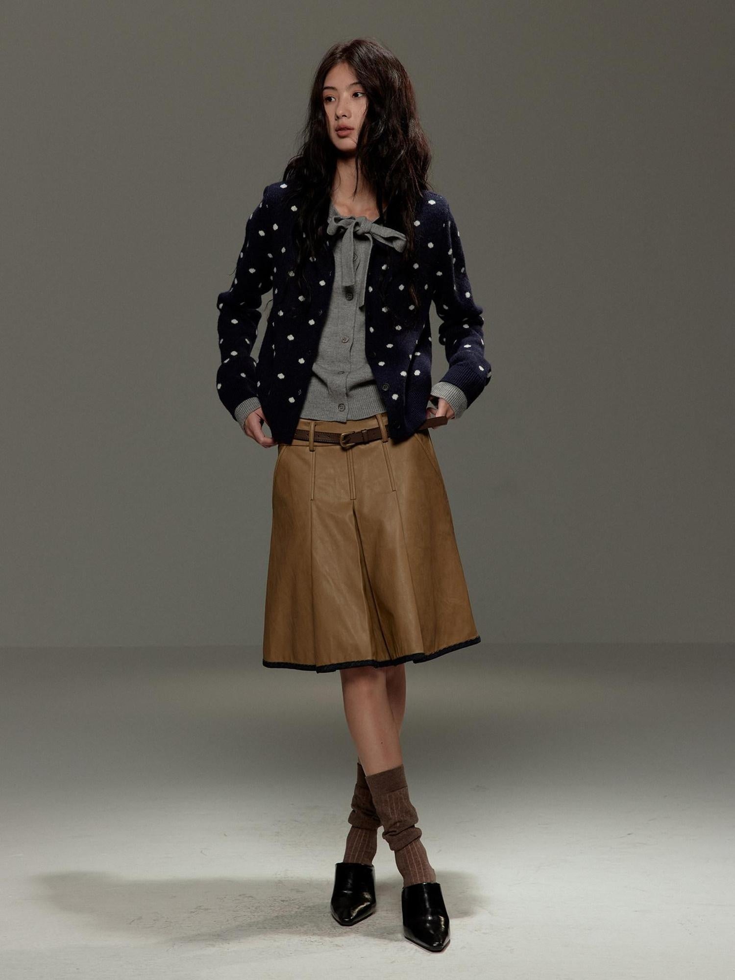 lvetong Polka Dot Tie Bow Faux Layered Loose Knit Casual Womens Navy Cardigans