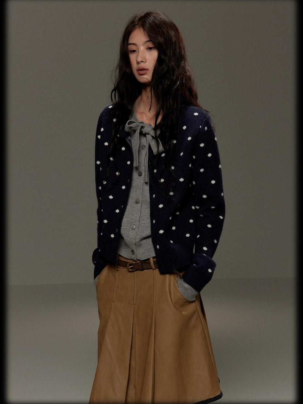 lvetong Polka Dot Tie Bow Faux Layered Loose Knit Casual Womens Navy Cardigans