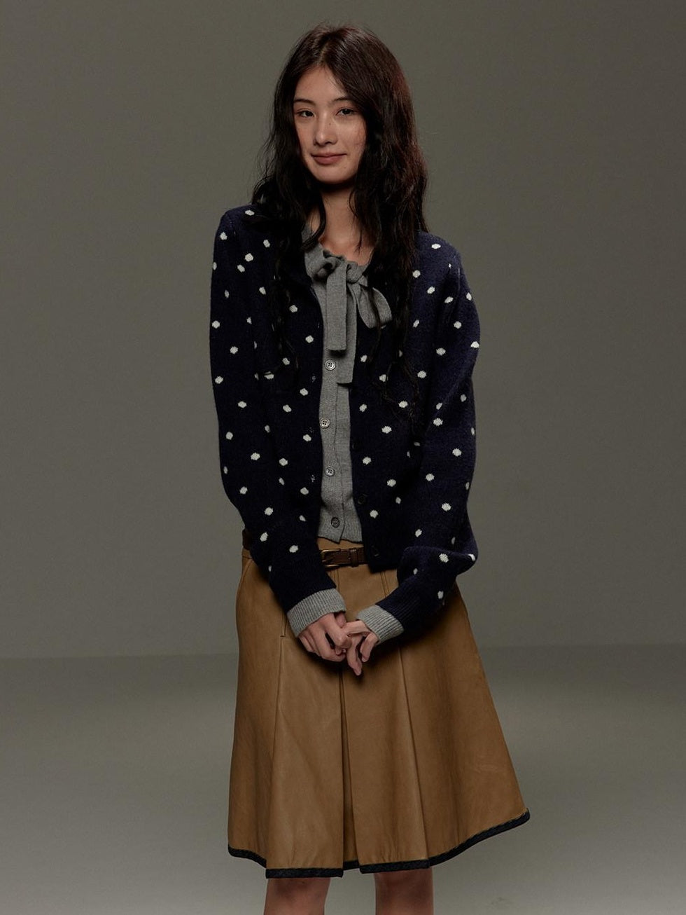 lvetong Polka Dot Tie Bow Faux Layered Loose Knit Casual Womens Navy Cardigans