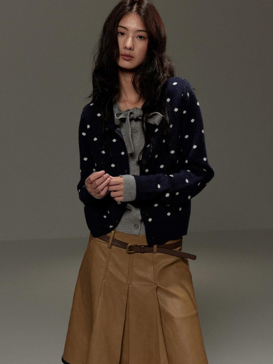 lvetong Polka Dot Tie Bow Faux Layered Loose Knit Casual Womens Navy Cardigans
