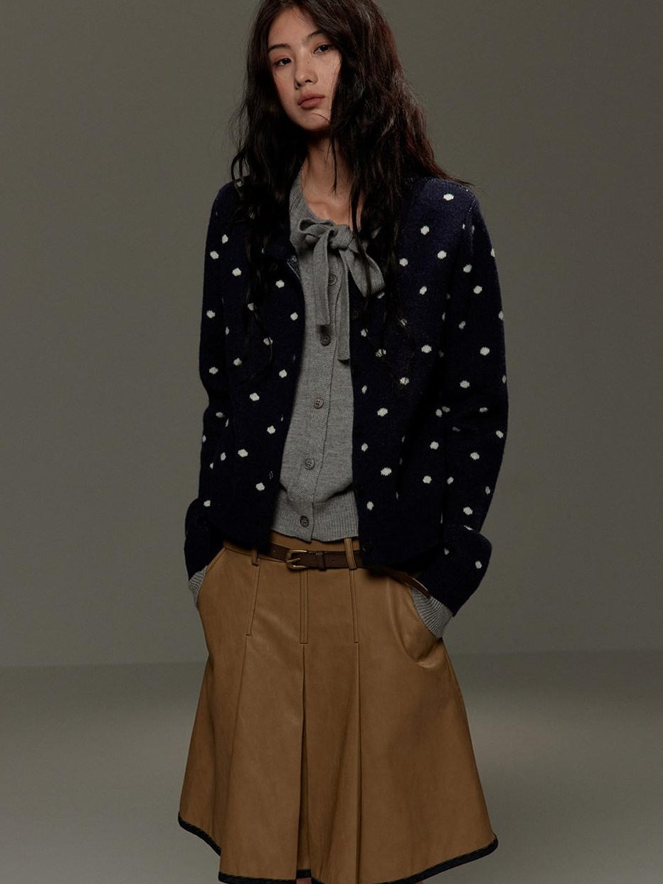 lvetong Polka Dot Tie Bow Faux Layered Loose Knit Casual Womens Navy Cardigans
