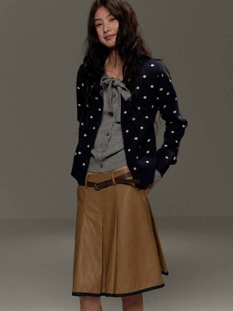 lvetong Polka Dot Tie Bow Faux Layered Loose Knit Casual Womens Navy Cardigans