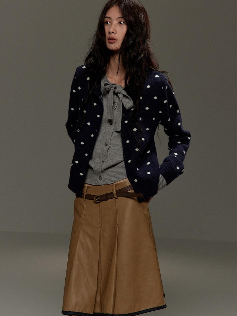 lvetong Polka Dot Tie Bow Faux Layered Loose Knit Casual Womens Navy Cardigans