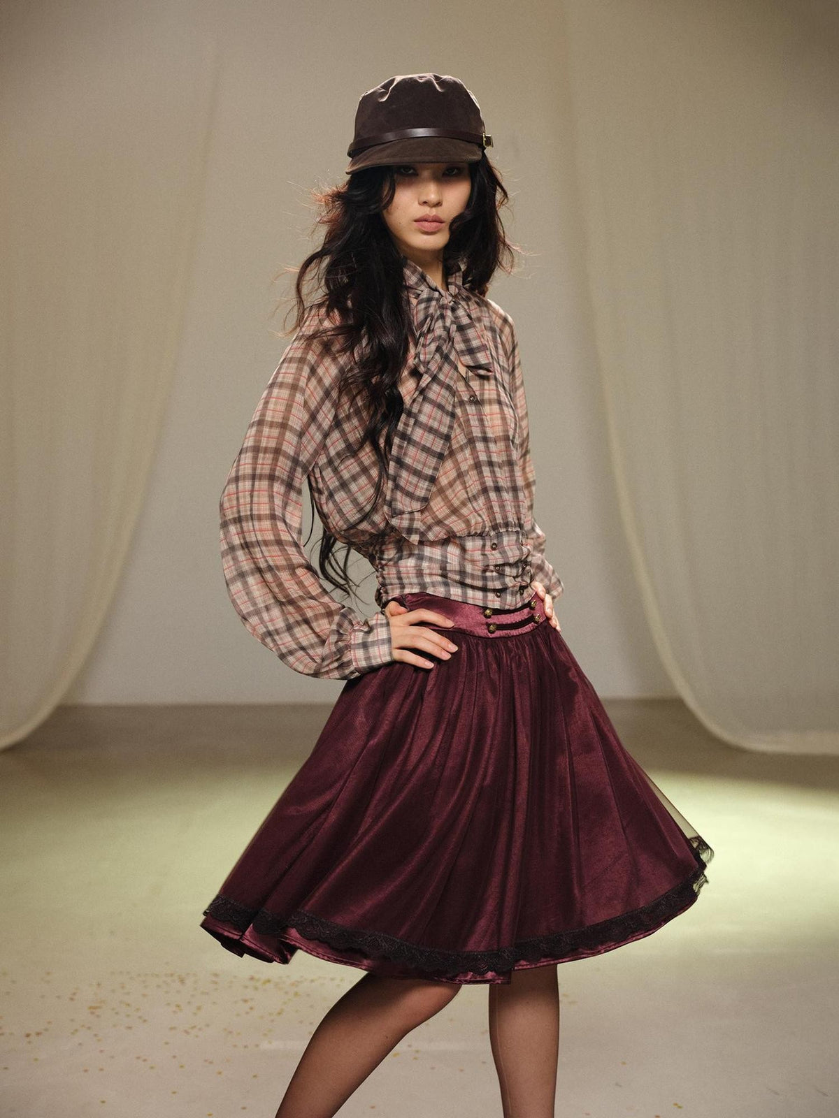 lvetong Purple Lace Tulle Gathered A Line Low Waist Women&