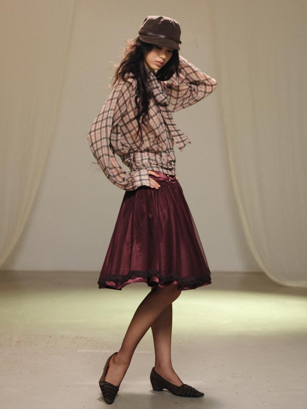 lvetong Purple Lace Tulle Gathered A Line Low Waist Women&
