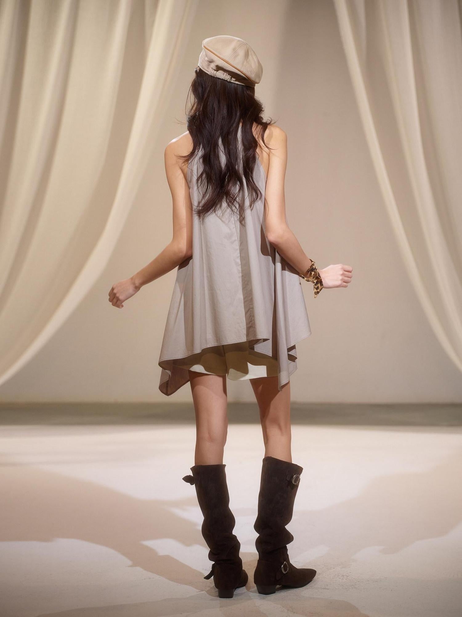 lvetong Relaxed Pleated Irregular Halter Modal Aline Sleeveless Khaki Casual Mini Dresses