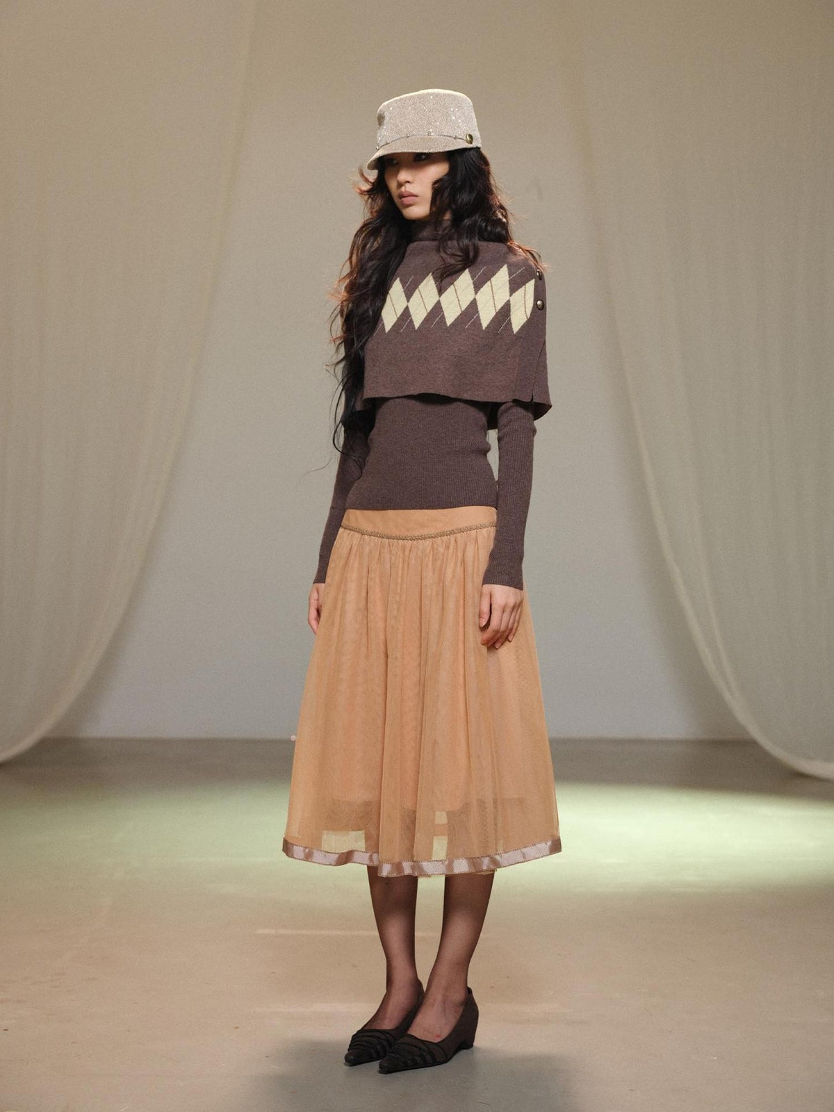 lvetong Retro Diamond Knit Stand Collar Cape Women&