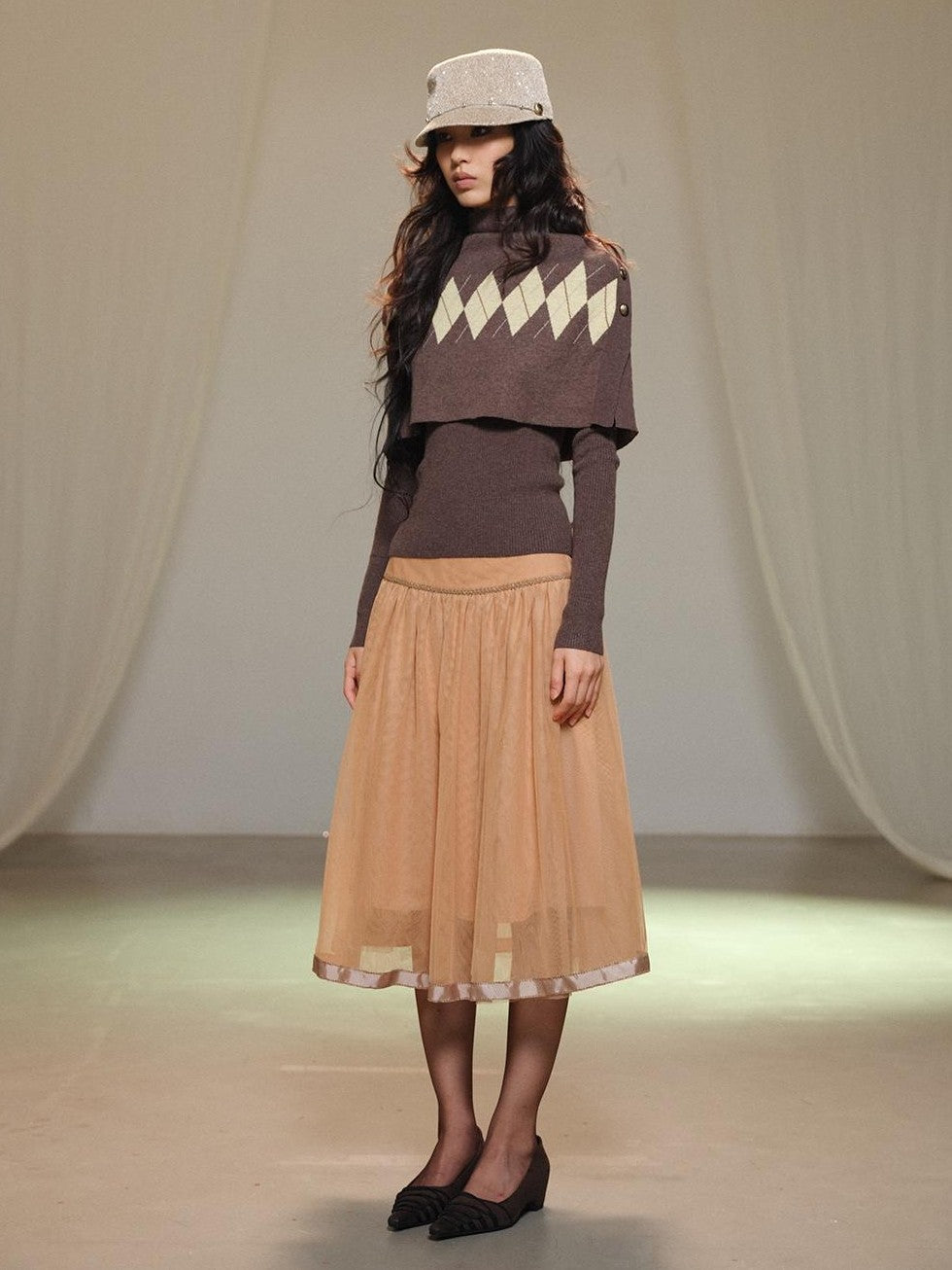 lvetong Retro Diamond Knit Stand Collar Cape Women&
