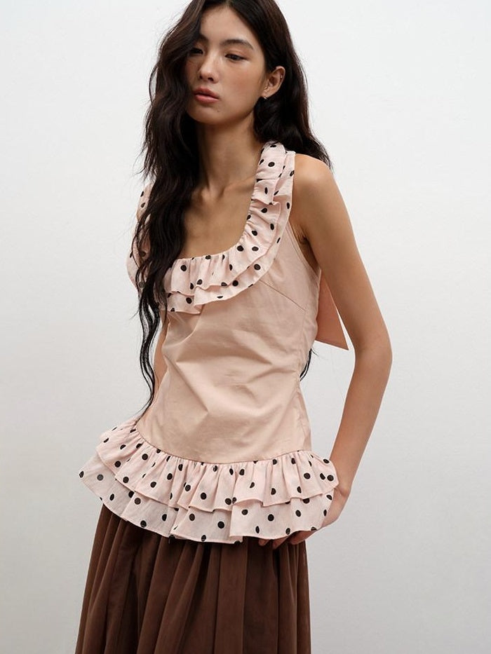 lvetong Ruffle Polka Dot 100% Cotton Slim Fit Street Pink Short Sleeve T-Shirts