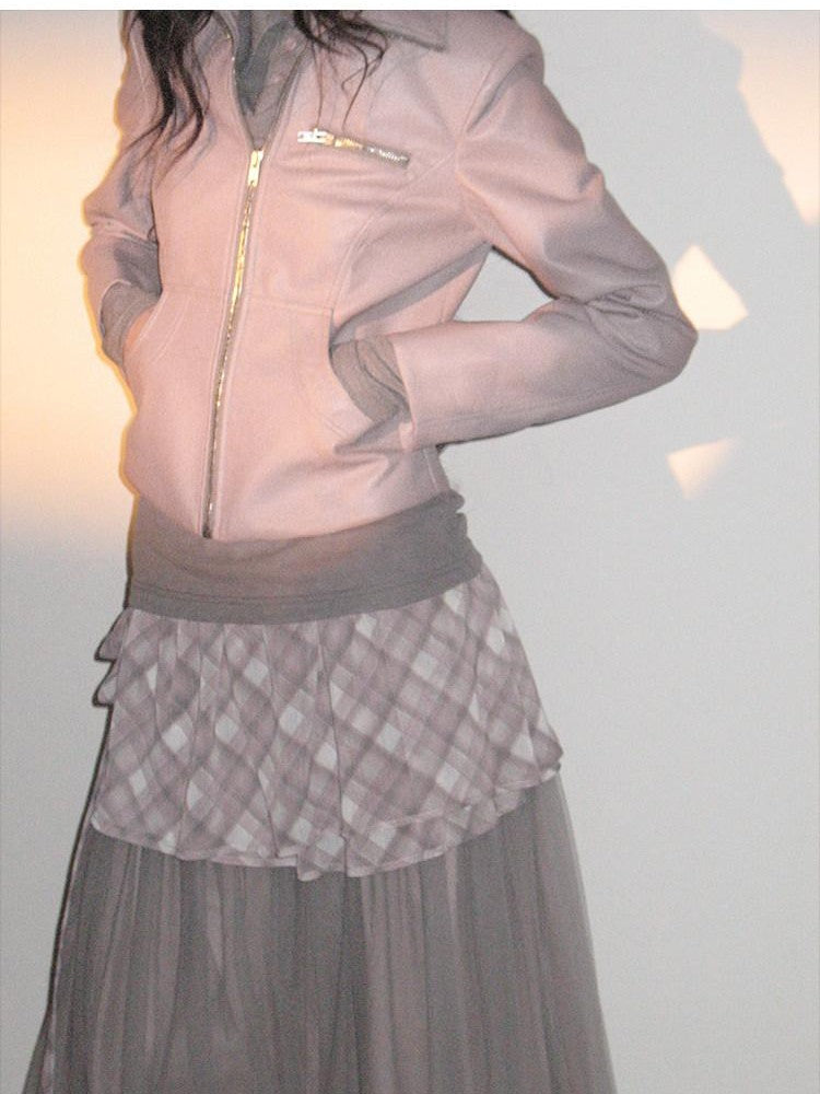 lvetong Smoky Pink Slim Waist Lapel Zip Pocket Women&