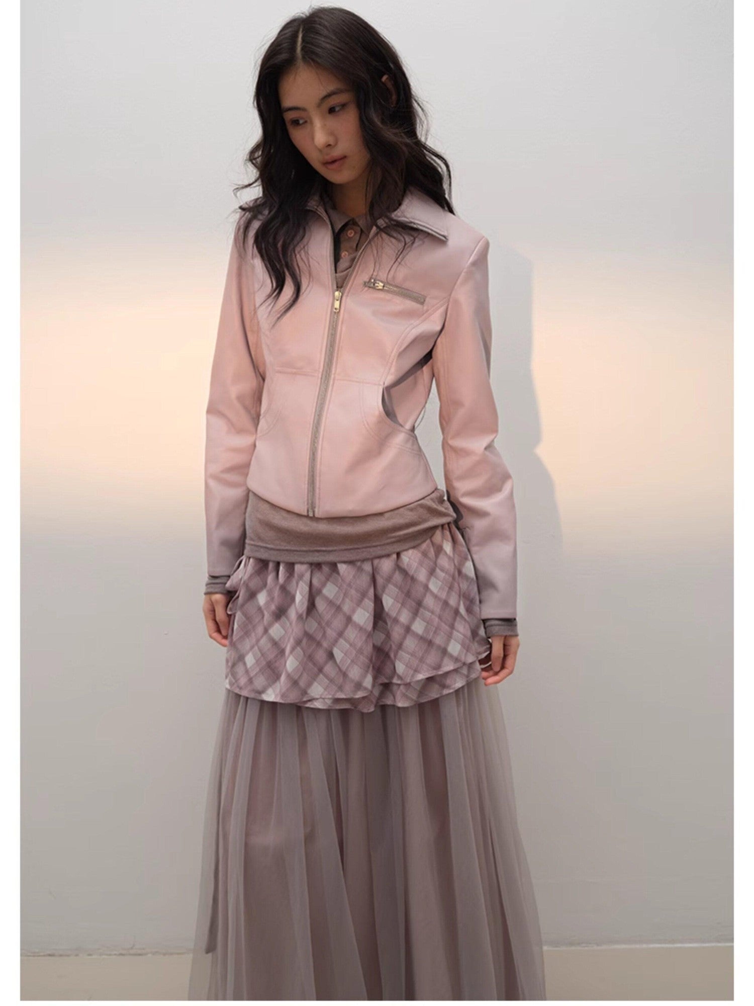 lvetong Smoky Pink Slim Waist Lapel Zip Pocket Women&