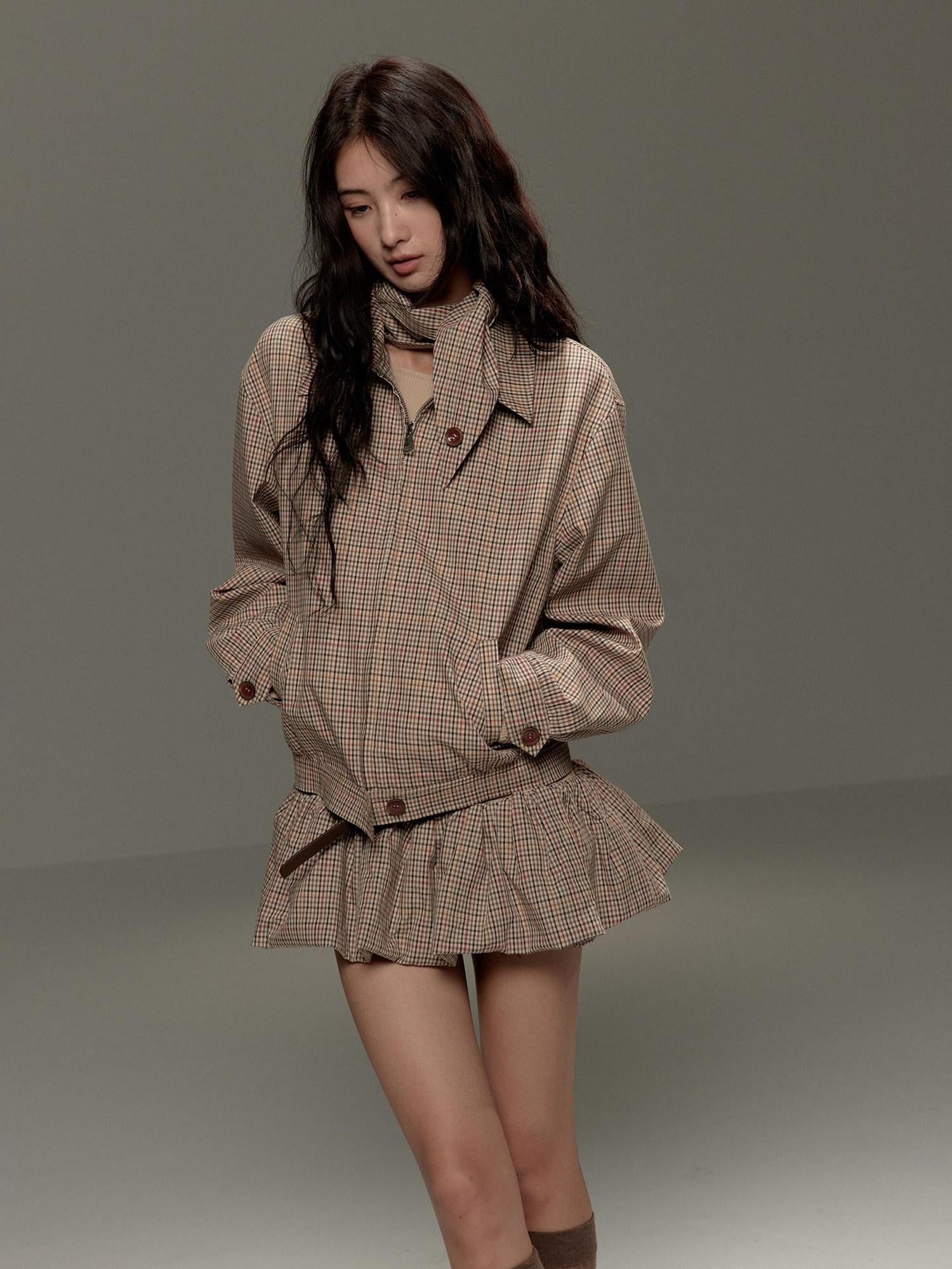 lvetong Soft Cotton Cropped Zip Plaid Houndstooth Street Loose Fit Women Casual Jackets