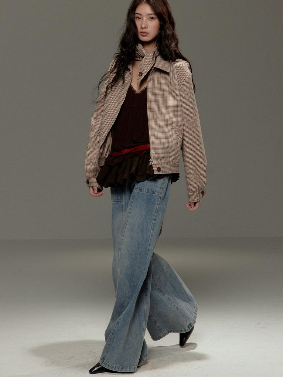 lvetong Soft Cotton Cropped Zip Plaid Houndstooth Street Loose Fit Women Casual Jackets