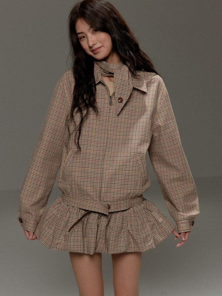 lvetong Soft Cotton Cropped Zip Plaid Houndstooth Street Loose Fit Women Casual Jackets