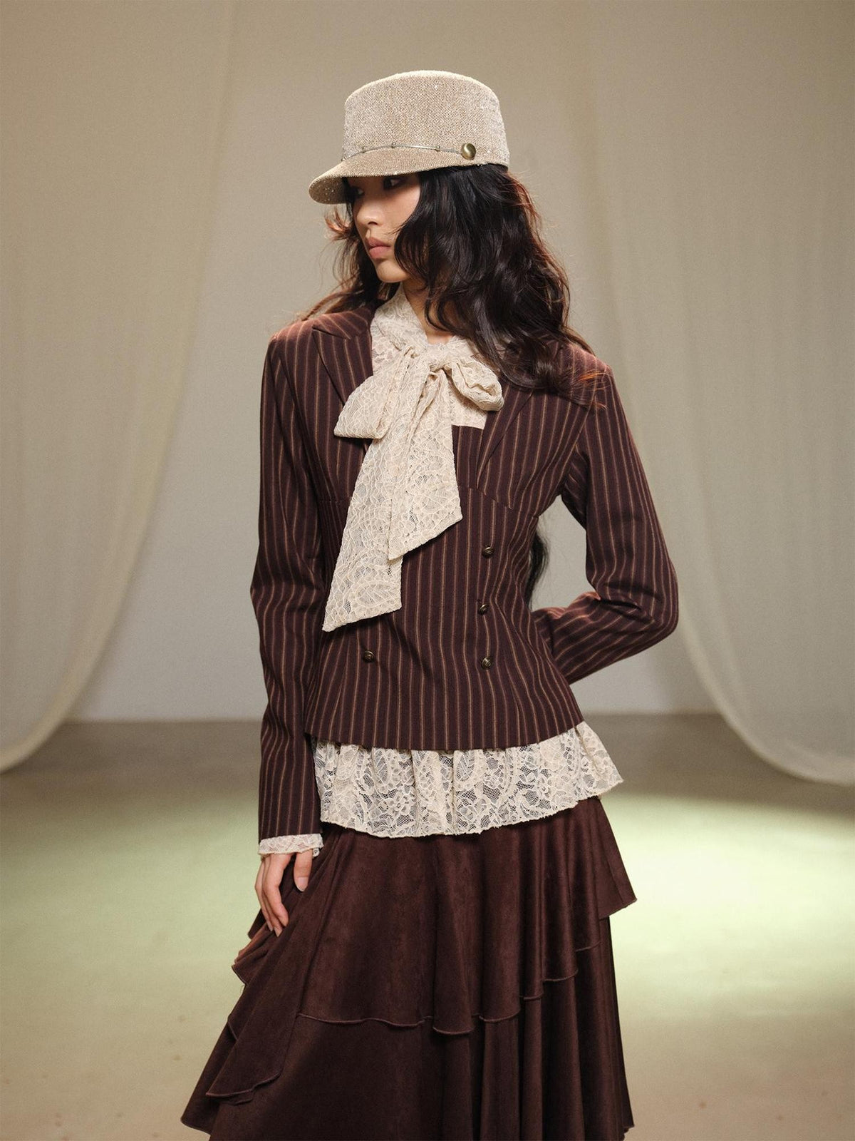 lvetong Striped Pleated Waist Cinched Shoulder Pad Long Sleeve Women&