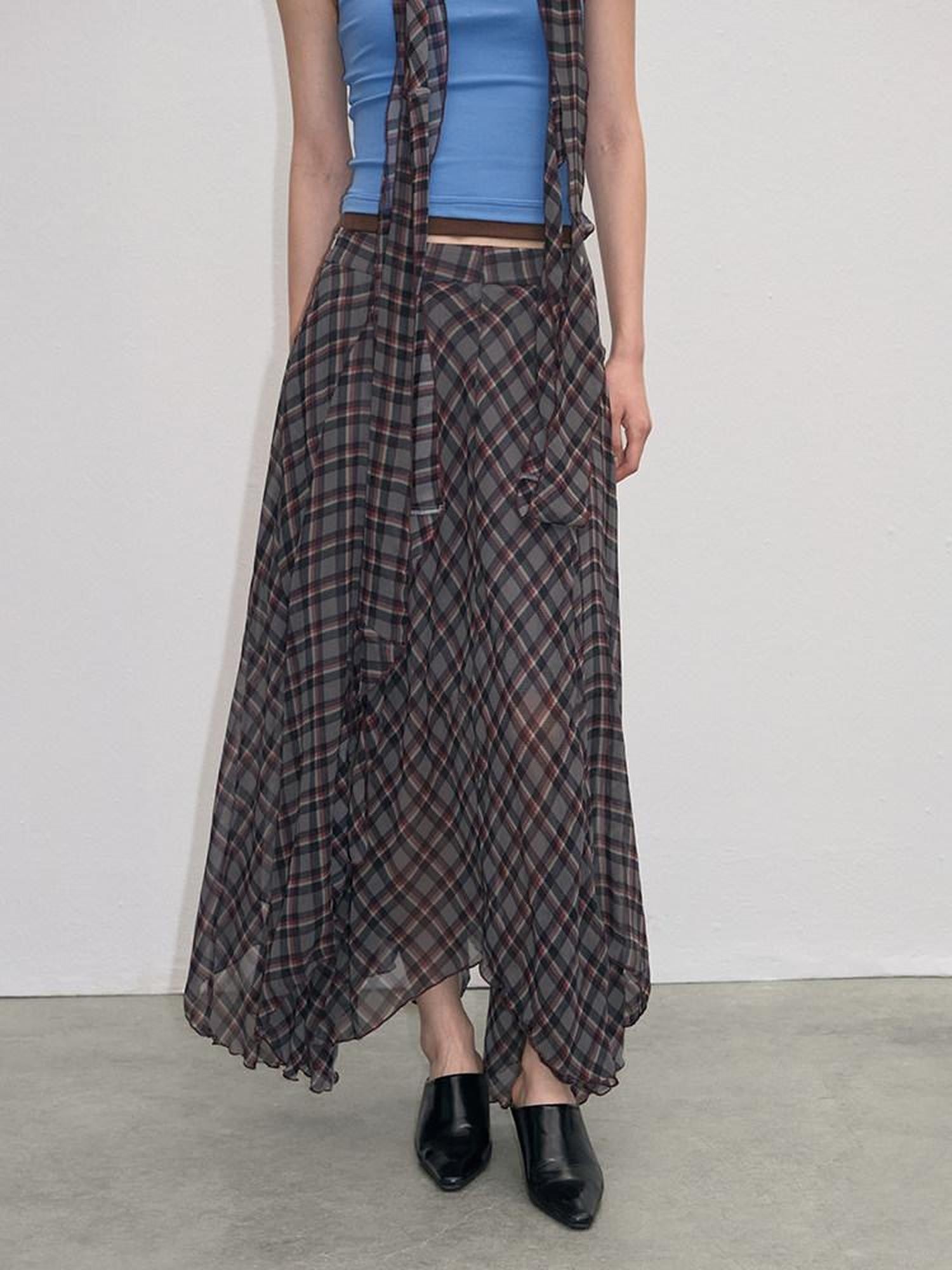lvetong Vintage Plaid Asymmetrical Hem A Line Women&