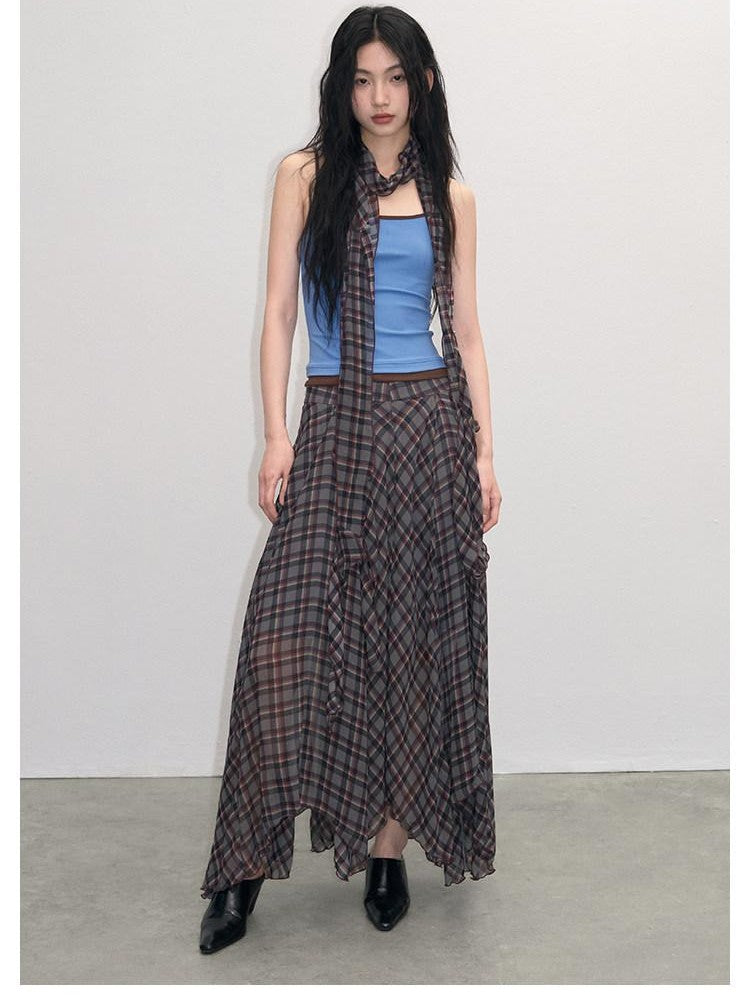 lvetong Vintage Plaid Asymmetrical Hem A Line Women&