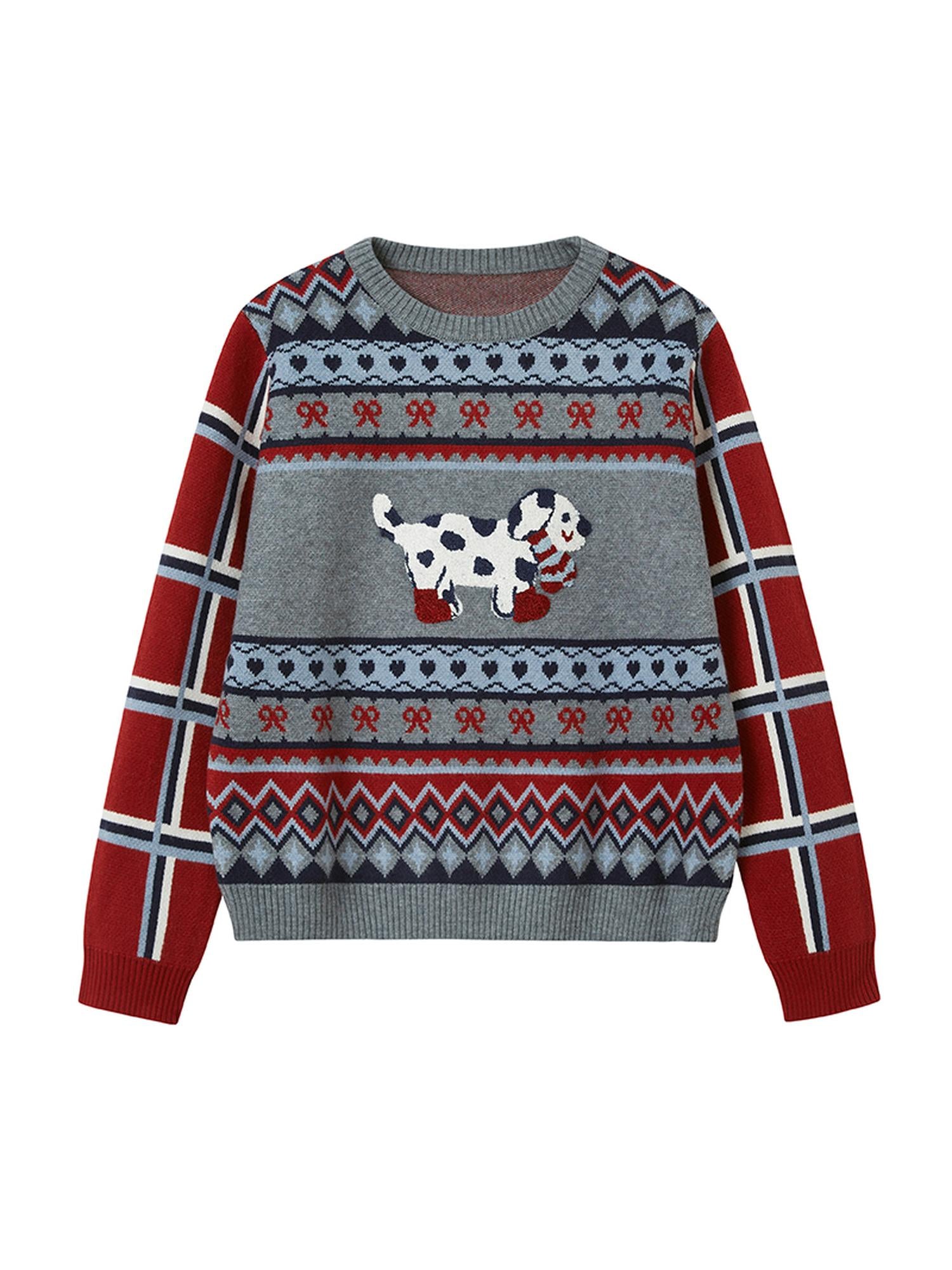 DIDDI MODA Fair Isle Dog Embroidered Colorblock Sweater