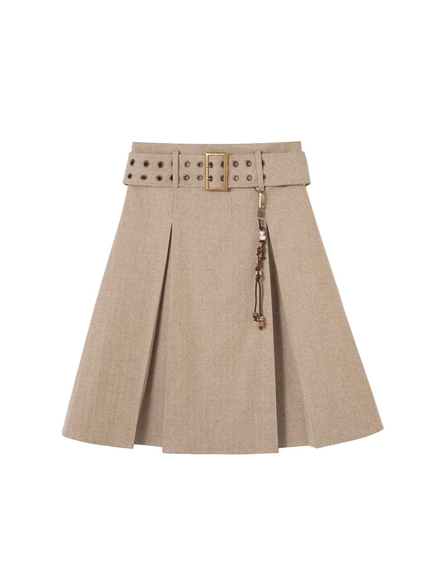 DIDDI MODA Vintage Wool Plaid A Line Skirt With Wide Belt Beaded Charm