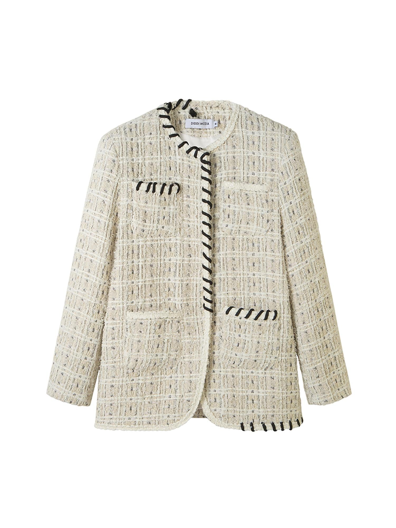 DIDDI MODA Chanel Inspired Tweed Knit Oversized Cardigan With Black Trim