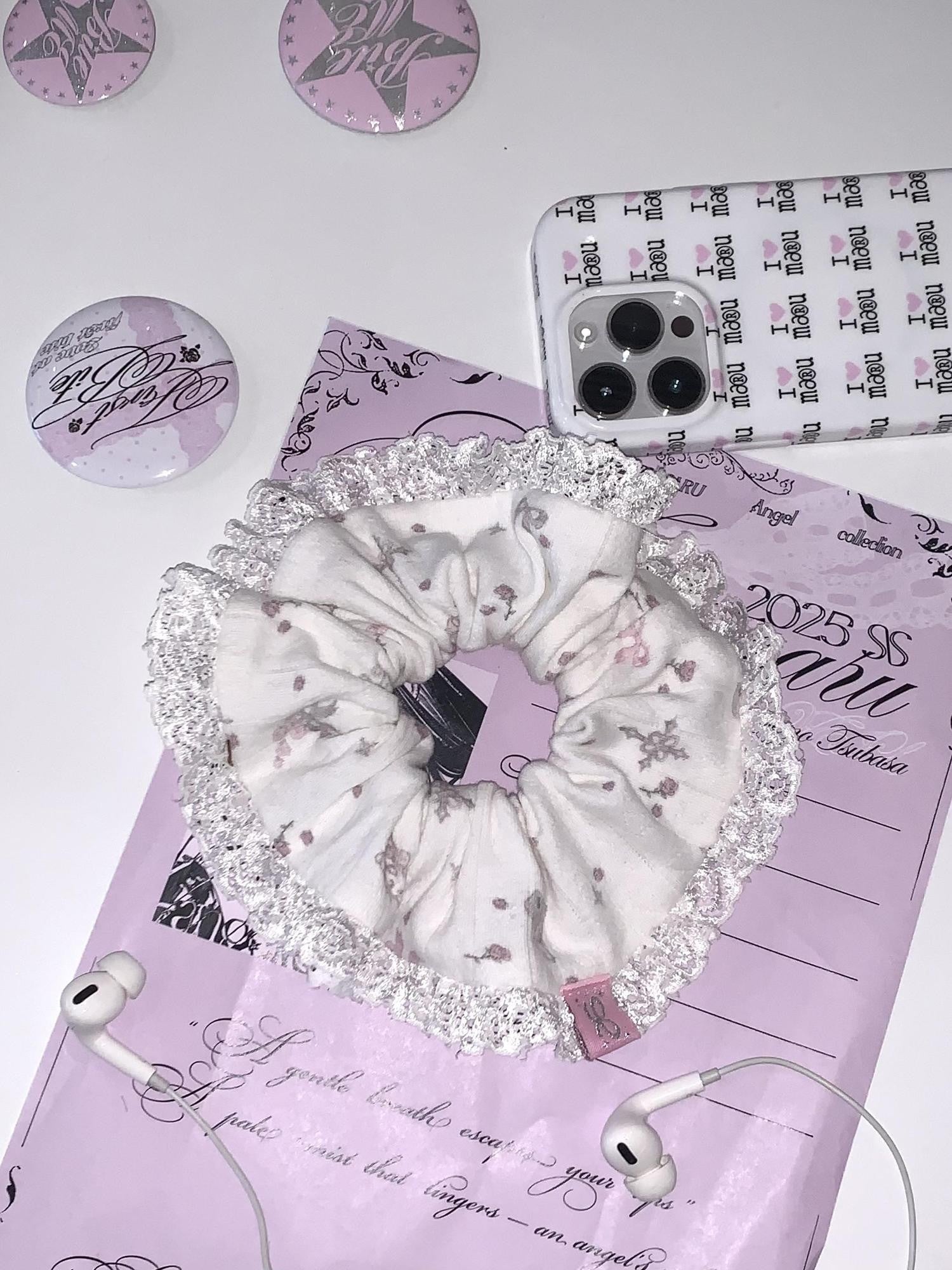 marumaruzip Cute Cross Pink Floral Scrunchie Large Coil Women&