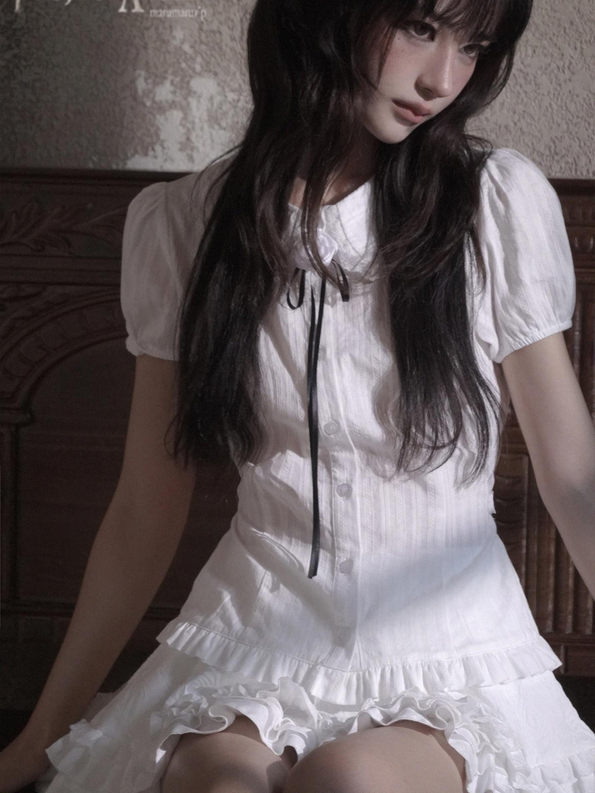 marumaruzip Lace Bow Puff Sleeve Doll Collar Women&