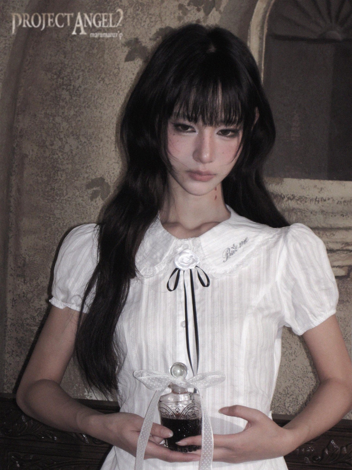marumaruzip Lace Bow Puff Sleeve Doll Collar Women&
