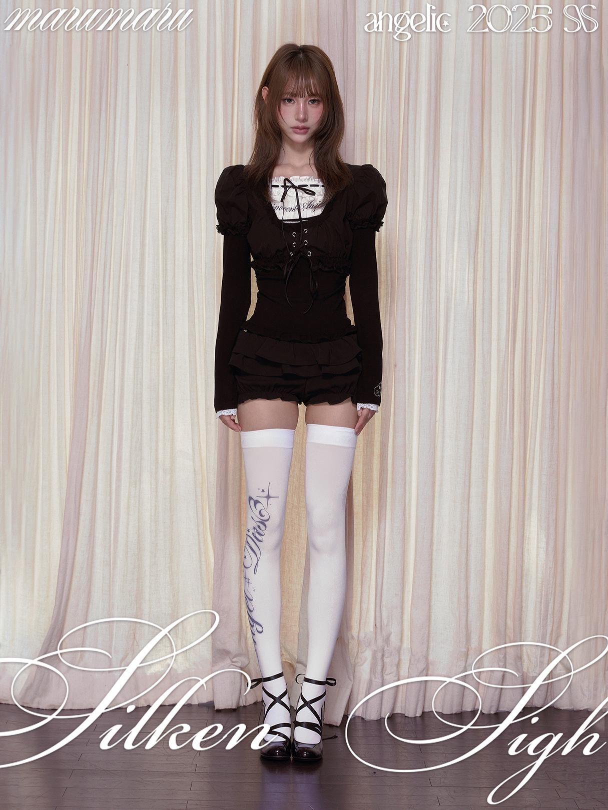 marumaruzip Puff Sleeve Drawstring Tie Cropped Women&
