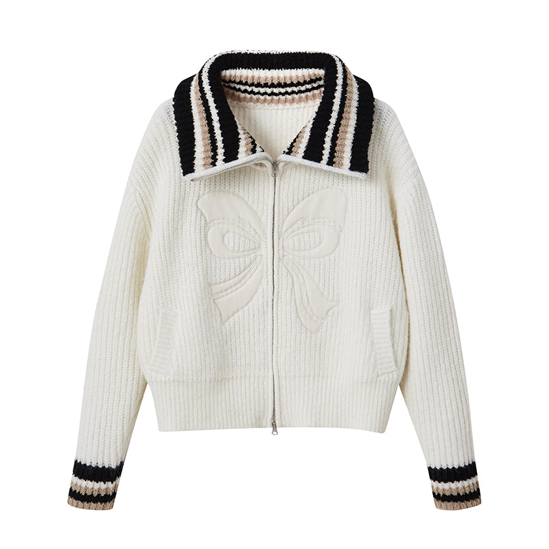DIDDI MODA Vintage Ribbon Knot High Neck Knit Cardigan